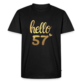 Hello 57 gold - Men's Premium Organic T-Shirt - black - Front - Nico (187cm)