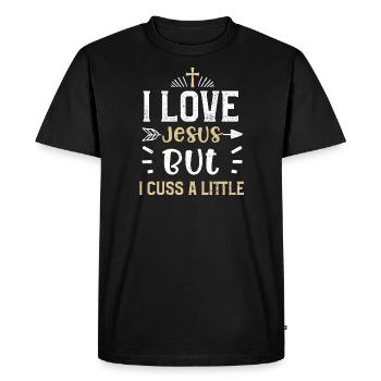 J’aime Jésus mais je jure un peu - T-shirt Premium bio Homme - noir - Devant - Nico (187cm)
