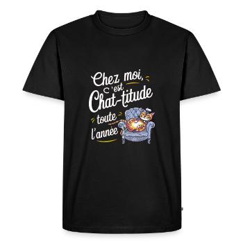 Chez moi c'est chat-titude toute l'année - T-shirt Premium bio Homme - noir - Devant - Nico (187cm)