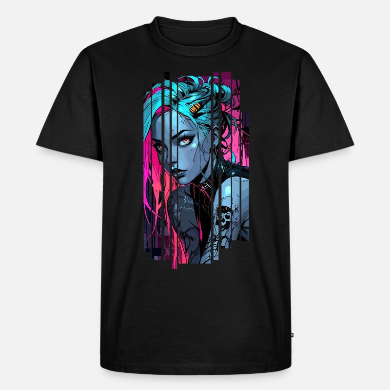 Neonblaues Cyber-Mädchen - Männer Premium Bio T-Shirt - Schwarz