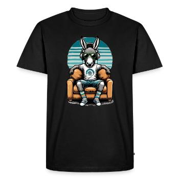 Chilling donkey on sofa listening to music with headphones - Men's Premium Organic T-Shirt - black - Front - Nico (187cm)
