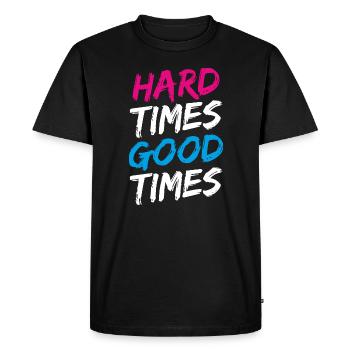 "Hard Times Good Times" in pink, white and blue - Men's Premium Organic T-Shirt - black - Front - Nico (187cm)
