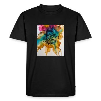 Inscription colorée sur fond d’aquarelleInscription colorée sur le fond - T-shirt Premium bio Homme - noir - Devant - Nico (187cm)