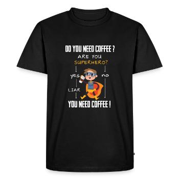 Coffee Superhero Question Addicted Liar Caffeine - Men's Premium Organic T-Shirt - black - Front - Nico (187cm)