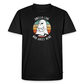 Halloween Ghost Funny Smells Like Boo Sheet Here - Men's Premium Organic T-Shirt - black - Front - Nico (187cm)