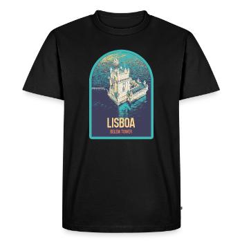 Illustration Tour de Belém Lisbonne, Vue Aérienne - T-shirt Premium bio Homme - noir - Devant - Nico (187cm)
