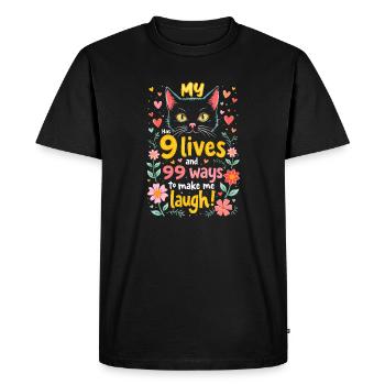 MON CHAT A 9 VIES ET 99 FAÇONS DE ME FAIRE RIRE - T-shirt Premium bio Homme - noir - Devant - Nico (187cm)