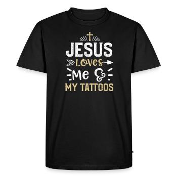 Jesus Loves Me & My Tattoos - Men's Premium Organic T-Shirt - black - Front - Nico (187cm)