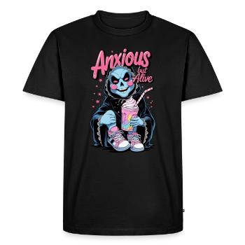 Un design créatif de la Faucheuse anxieux mais vivant avec - T-shirt Premium bio Homme - noir - Devant - Nico (187cm)