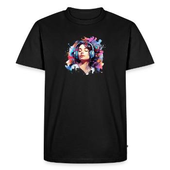 Femme écoutant de la musique avec des écouteurs - T-shirt Premium bio Homme - noir - Devant - Nico (187cm)
