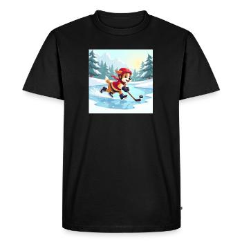Cartoon dog playing hockey on pond in winter - Men's Premium Organic T-Shirt - black - Front - Nico (187cm)