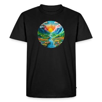 Paysage coloré avec du soleil, des montagnes et un lac en pâte à modeler - T-shirt Premium bio Homme - noir - Devant - Nico (187cm)