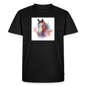 Cheval aquarelle avec des cerisiers en fleurs - T-shirt Premium bio Homme - noir - Devant - Nico (187cm)