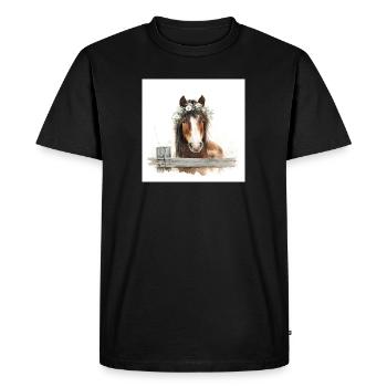 Cheval aquarelle avec couronne florale - T-shirt Premium bio Homme - noir - Devant - Nico (187cm)