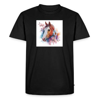 Cheval aquarelle avec des fleurs - T-shirt Premium bio Homme - noir - Devant - Nico (187cm)