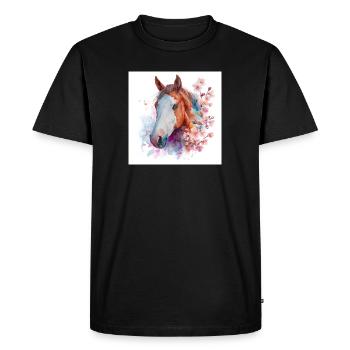 Watercolor Horse and Cherry Blossoms - Men's Premium Organic T-Shirt - black - Front - Nico (187cm)