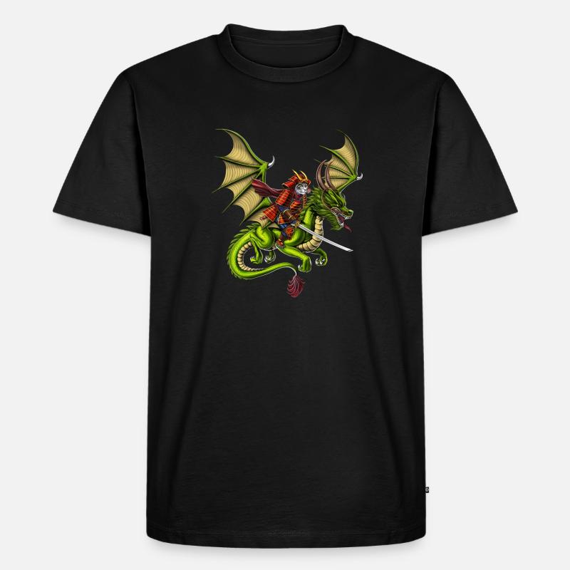 Giapponese Samurai Gatto Cavalca Drago - Maglietta ecologica premium da uomo - nero