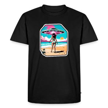 Beach girl is looking at UFO. - Men's Premium Organic T-Shirt - black - Front - Nico (187cm)