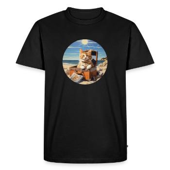 Un chat mignon part en vacances d’été à la plage au bord de la mer - T-shirt Premium bio Homme - noir - Devant - Nico (187cm)