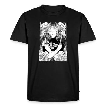 Femme avec des poignards, des crânes et des dahlias - T-shirt Premium bio Homme - noir - Devant - Nico (187cm)