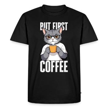 But First Coffee - Coffee Drinking Cat - Men's Premium Organic T-Shirt - black - Front - Nico (187cm)