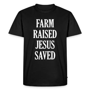 Élevé à la ferme, Jésus sauvé - T-shirt Premium bio Homme - noir - Devant - Nico (187cm)