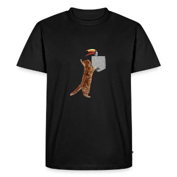 Chat atteignant Toucan en fausse poche imprimée drôle - T-shirt Premium bio Homme - noir - Devant - Nico (187cm)