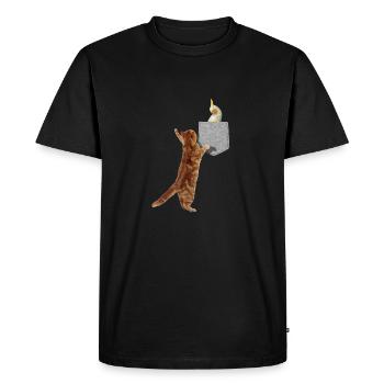 Cat Reaching Cockatiel Bird In Fake Print-On - Men's Premium Organic T-Shirt - black - Front - Nico (187cm)
