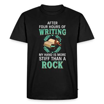 Après quatre heures d’écriture, ma main est plus... - T-shirt Premium bio Homme - noir - Devant - Nico (187cm)