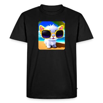 Naughty cat in sunglasses on the beach with sea - Men's Premium Organic T-Shirt - black - Front - Nico (187cm)