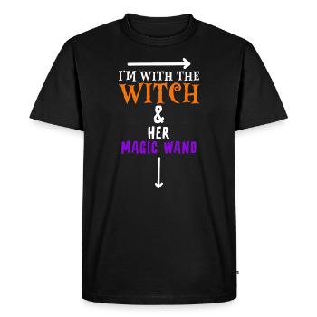 Halloween Je suis avec la sorcière et sa baguette magique - T-shirt Premium bio Homme - noir - Devant - Nico (187cm)