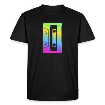 Bande Cassette Rétro produit | Néon des années 80 et 90 - T-shirt Premium bio Homme - noir - Devant - Nico (187cm)
