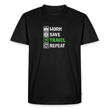 Travail, Économiser, Voyager, Répéter les vacances, Vacances, Voyager, - T-shirt Premium bio Homme - noir - Devant - Nico (187cm)