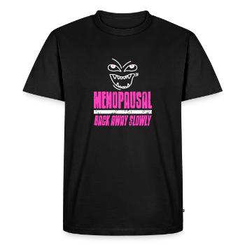 Menopausal Back Away Slowly Funny Retro T-Shirt - Men's Premium Organic T-Shirt - black - Front - Nico (187cm)