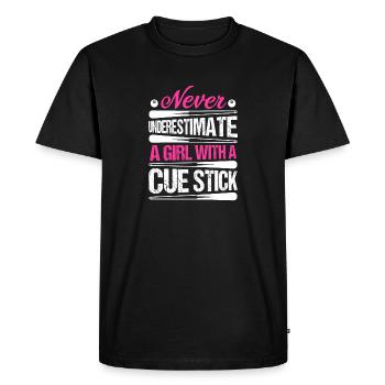Une fille avec un bâton de queue de billard joueur Billard Po - T-shirt Premium bio Homme - noir - Devant - Nico (187cm)