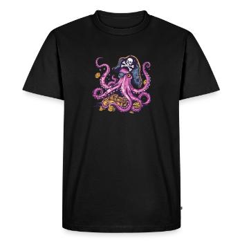 Pirate Octopus with Treasure Chest and Coins - Men's Premium Organic T-Shirt - black - Front - Nico (187cm)