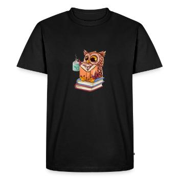 Hibou mignon lit un livre et boit un livre de rat de bibliothèque de thé - T-shirt Premium bio Homme - noir - Devant - Nico (187cm)