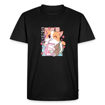 Cute Japanese Kawaii Cat Strawberry Milk Shake Nek - Men's Premium Organic T-Shirt - black - Front - Nico (187cm)