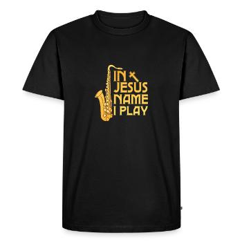 In Jesus Name I Play Saxophonist Marching Band Sax - Men's Premium Organic T-Shirt - black - Front - Nico (187cm)