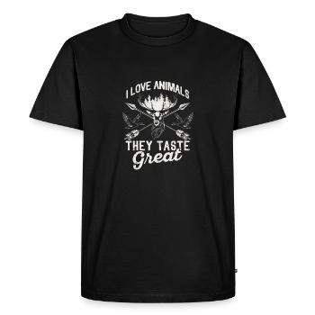 J’aime les animaux, ils ont bon goût, la chasse au cerf, le canard - T-shirt Premium bio Homme - noir - Devant - Nico (187cm)