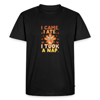 Je suis venu, j’ai mangé, j’ai fait une sieste - T-shirt Premium bio Homme - noir - Devant - Nico (187cm)