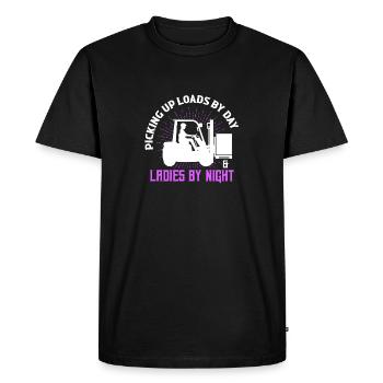 Chariot élévateur Picking Pick by Day & Ladies By Night - T-shirt Premium bio Homme - noir - Devant - Nico (187cm)