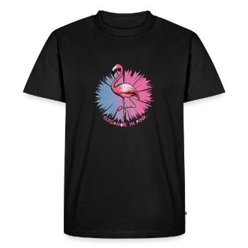 A flamingo doing ballet with the caption “Elegance - Men's Premium Organic T-Shirt - black - Front - Nico (187cm)