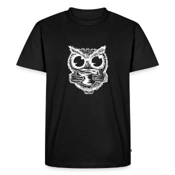 Owl Drinking Coffee Funny Nocturnal Bird Pun Lover - Men's Premium Organic T-Shirt - black - Front - Nico (187cm)