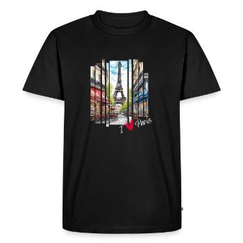 J’adore Paris : la Tour Eiffel et un Charming Café - T-shirt Premium bio Homme - noir - Devant - Nico (187cm)