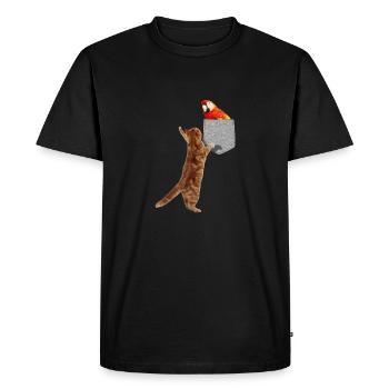 Chat atteignant l’ara rouge dans une fausse poche imprimée - T-shirt Premium bio Homme - noir - Devant - Nico (187cm)