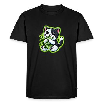 Cute Black & White Cat eating green grass - Men's Premium Organic T-Shirt - black - Front - Nico (187cm)