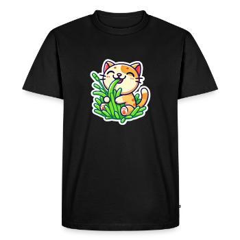 Cute Ginger Cat eating green grass - Men's Premium Organic T-Shirt - black - Front - Nico (187cm)