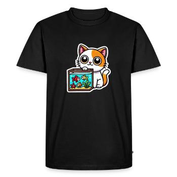 Mignon chat blanc roux assis près de l’aquarium - T-shirt Premium bio Homme - noir - Devant - Nico (187cm)