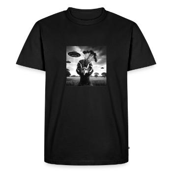 Peacock Funny Graphic Selfie with UFOs Weird Alien - Men's Premium Organic T-Shirt - black - Front - Nico (187cm)